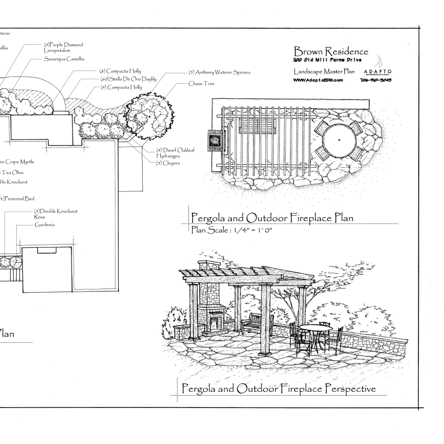 Elegant stone patio with seating walls and landscape lighting.